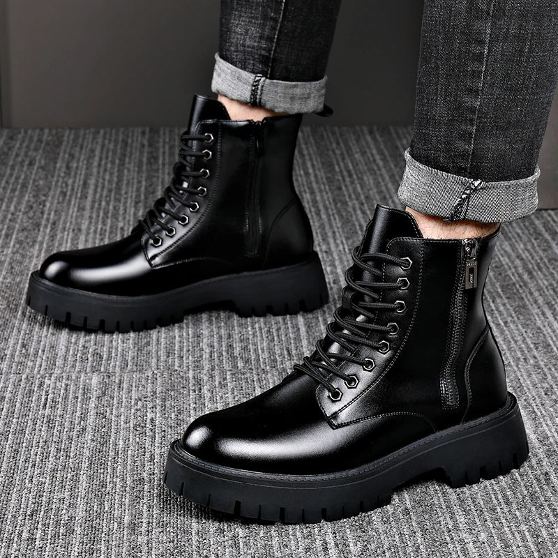 Retro Casual PU Leather Mens Motorcycle Boots Fashion Winter Plush Snow Boots Comfortable Leather High Top Shoes Man Warm Botas