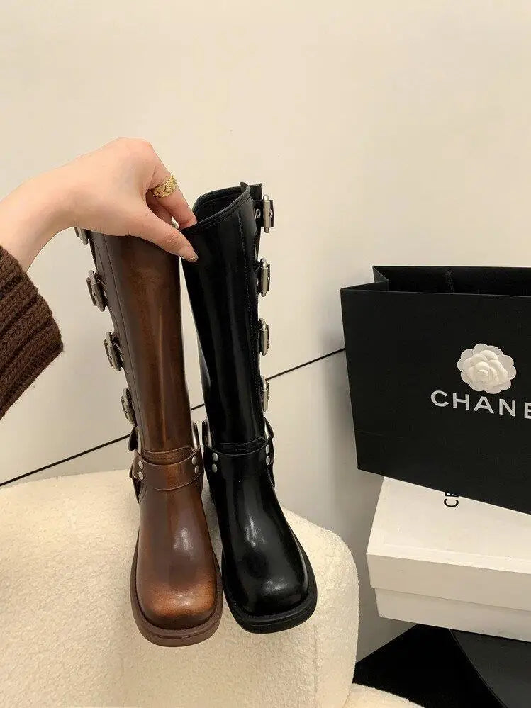 Metal Buckle Square Toe Knee High Boots Women Black PU Leather Punk Long Boots Woman Autumn 2025 Chunky Heels Motorcycle Booties