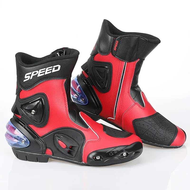 SPEED Botas Motorcycle Riding Boots for Men Rubber Sole Sport Bikes Ankle Protective Motorcycle Shoes with Zipper Closure