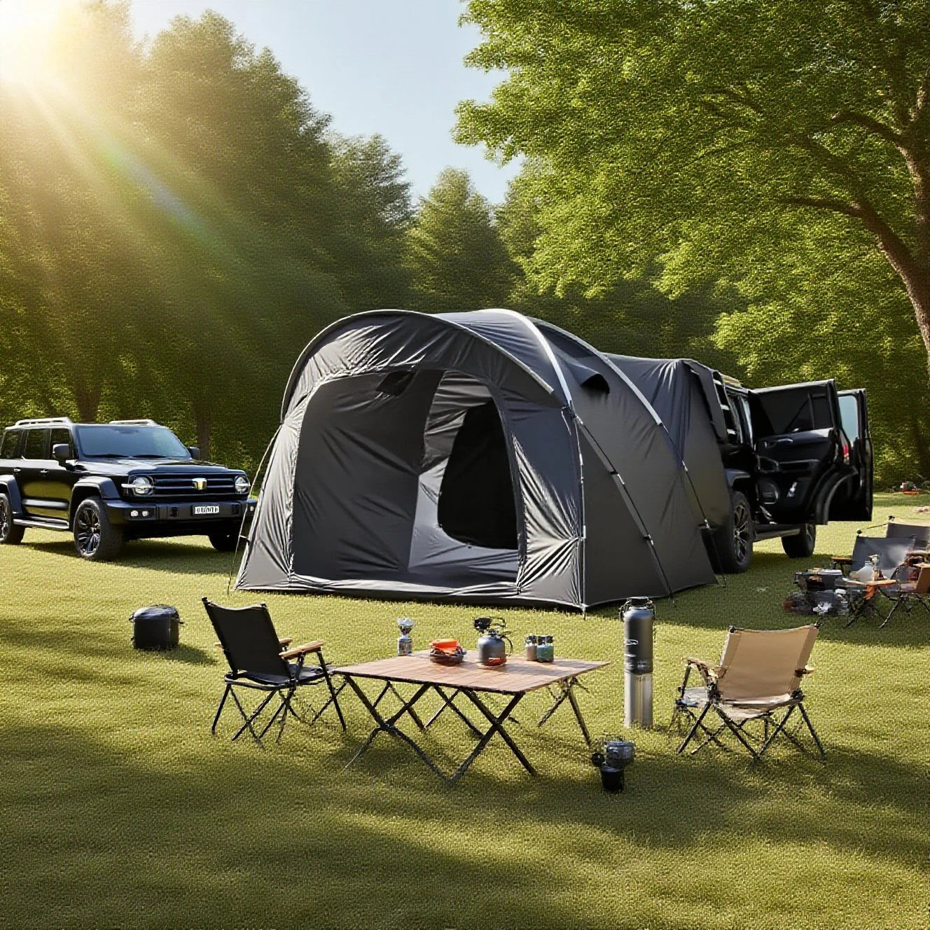 3-4 Person SUV Camping Tent PU4000 Waterproof with Mesh Bug Door, Cross-Ventilated Quick-Pitch Design, Built-In Floor