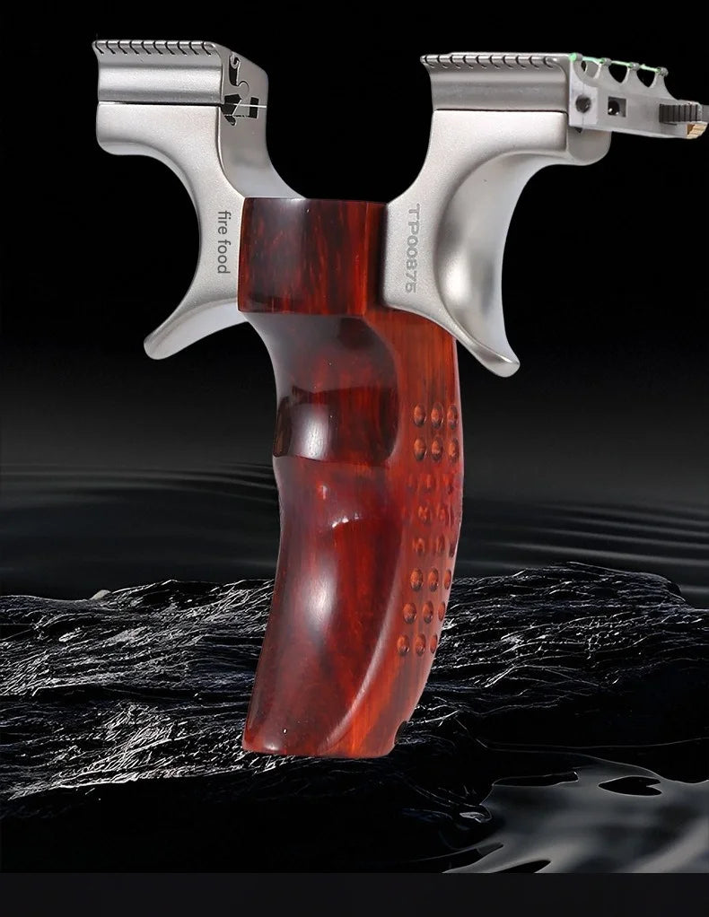 Powerful Stainless Steel Slingshot with Flat Rubber Band Outdoor Hunting and Shooting Combat Catapult with Wooden Handle