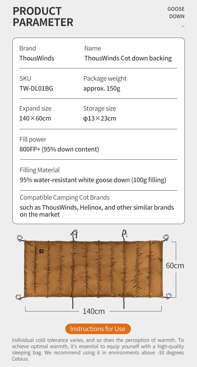 Thous Winds Camping Cot Down Winter Waterproof Sleeping Bag Down Camping Cot Down Backing Fit with Helinox Cot Camping Supplies