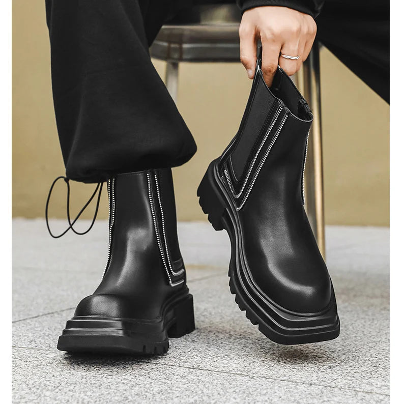 men's fashion punk rock high chelsea boots designer platform shoes cowboy original leather boot square toe long motorcycle botas