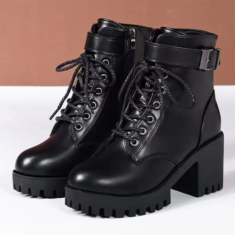 Winter Women's Boots 2025 New Lace Up Boots for Womens Fashion Thick Heel Side Zipper Ankle Boots Warm Female Motorcycle Shoes