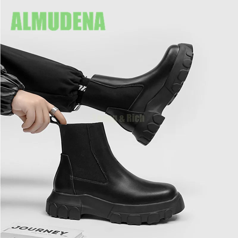 Thick Soled Chelsea Boots Men's Trendy High Top Boots Retro Handsome Motorcycle Boots Versatile Ankle Boots and Short Boots