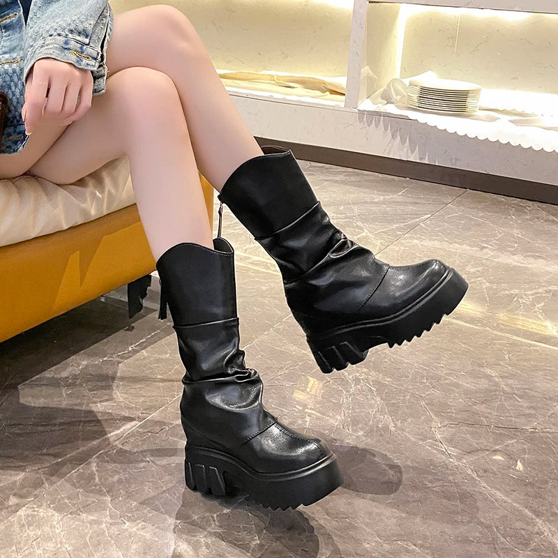 9CM Women Mid Calf Boots Autumn Winte Soft Leather Motorcycle Boots High Platform Square Heels Ladies Chunky Shoes Botas Mujer