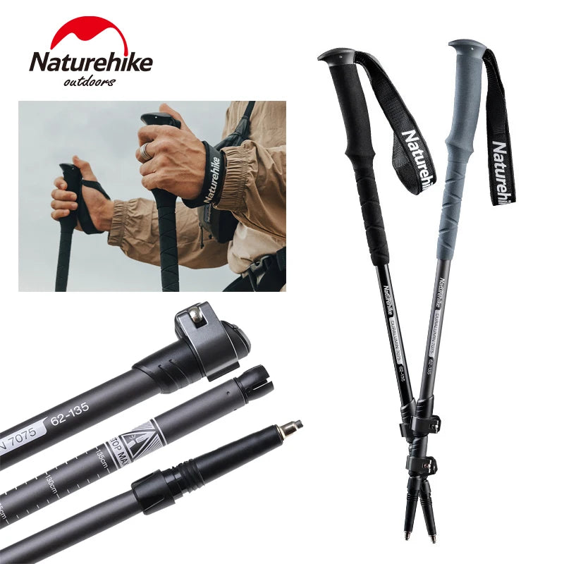 Naturehike ST03 7075 Aluminium Alloy Folding Trekking Pole Walking Stick Climbing Retractable 3 Sections Telescopic Alpenstocks