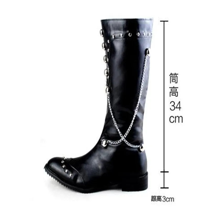 Men Motorcycle Leather Boots,Black Fashion Stage Boots Punk Over Knee High Boots Waterproof Snow Boots Equestrian Gothic Boots