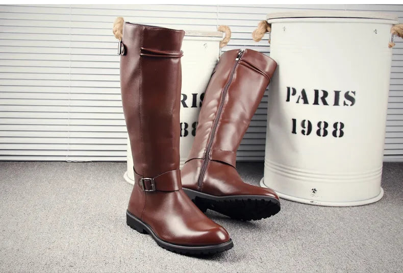 Pop British Mens Black Leather Knee High Boots Desiger Zip Long Motorcycle Shoes Antique Cosplay Stage Botas Casual Comfort Zapa