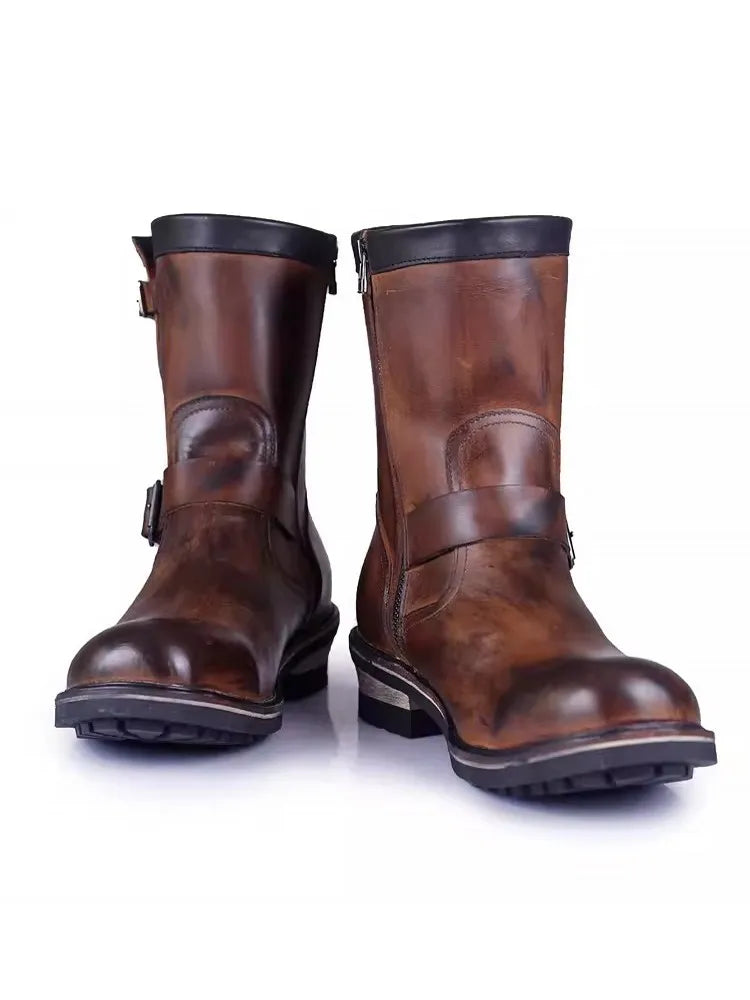 Vintage Mens Cowhide Genuine Leather High Top Engineer Boots Buckle Round Toe Motorcycle Riding Boots Zipper Work Safety Shoes