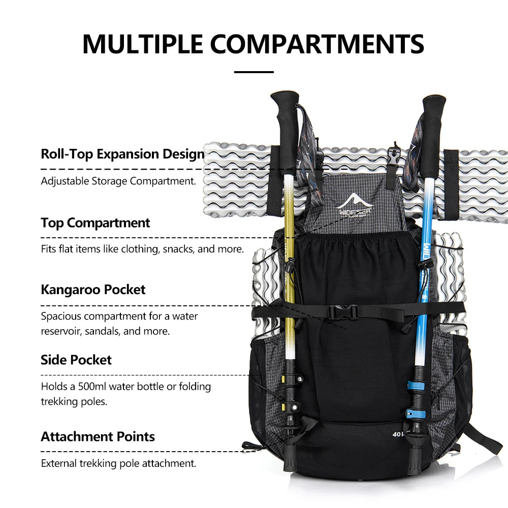Widesea Camping Backpack 40L Hiking Bag Sports Men's Backpacks Ultralight Waterproof Trekking Travel Essentials Camping Supplies