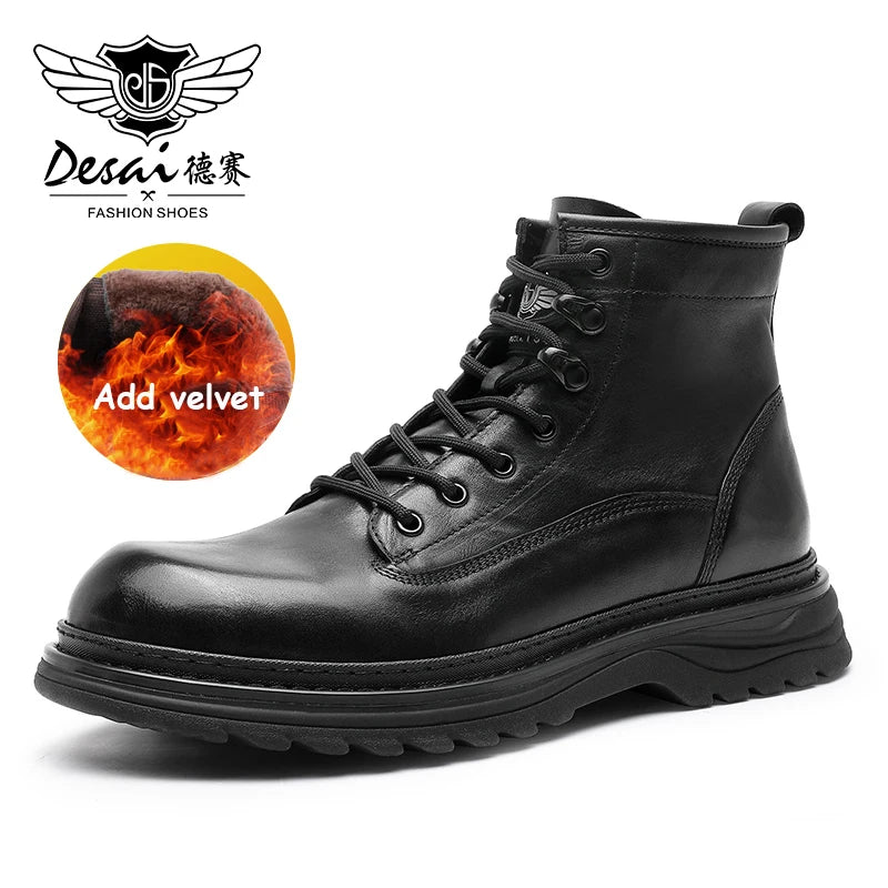 Desai Brand Men Boots Winter Cowboy Full Grain Genuine Leather Military Men Motorcycle Shoes Casual Work Fashion High Quality