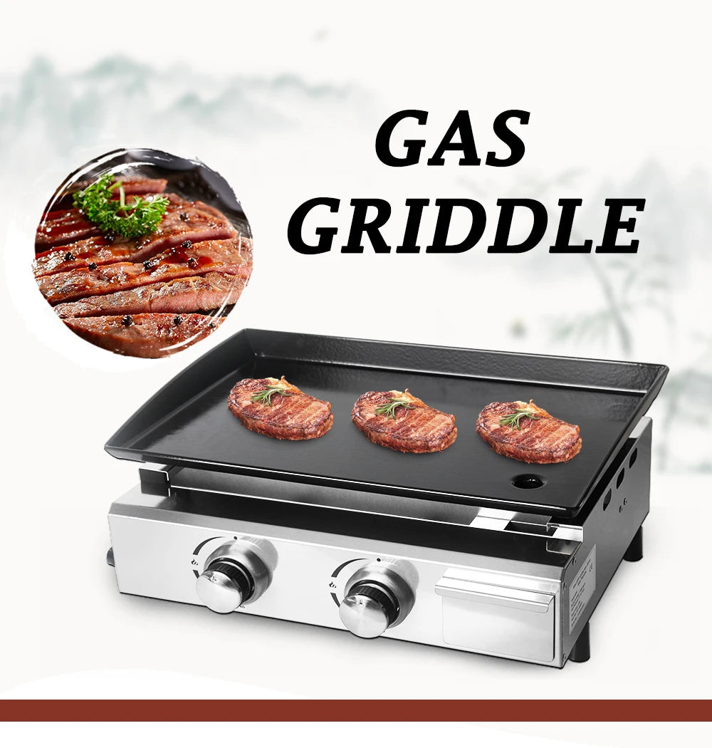 2 Burners Grill LPG BBQ Griddle for Commercial Non-stick Iron Plate Enamel Cooking Barbecue Steak Outdoor Grill Camping Cooking