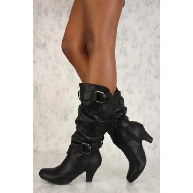 Sexy Women's Boots Mid Calf New Fashion Casual Boot 3CM Square Heel Metal Decoration Belt Buckle Evening Dress Pumps Women Shoes