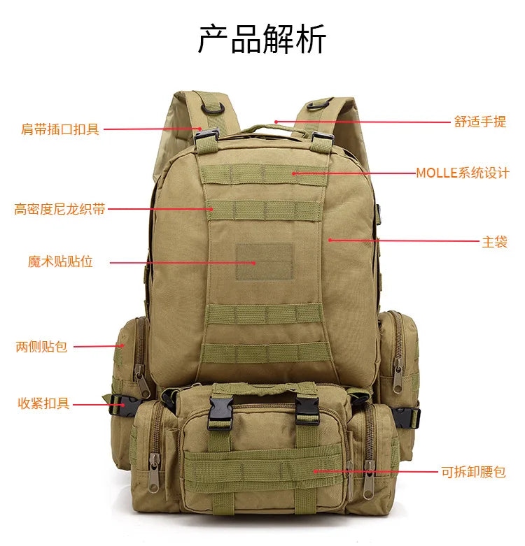 Tactical Backpack Military 50L Waterproof Hiking Backpack with MOLLE System for Outdoor Camping, Hunting, Travel, Daypack