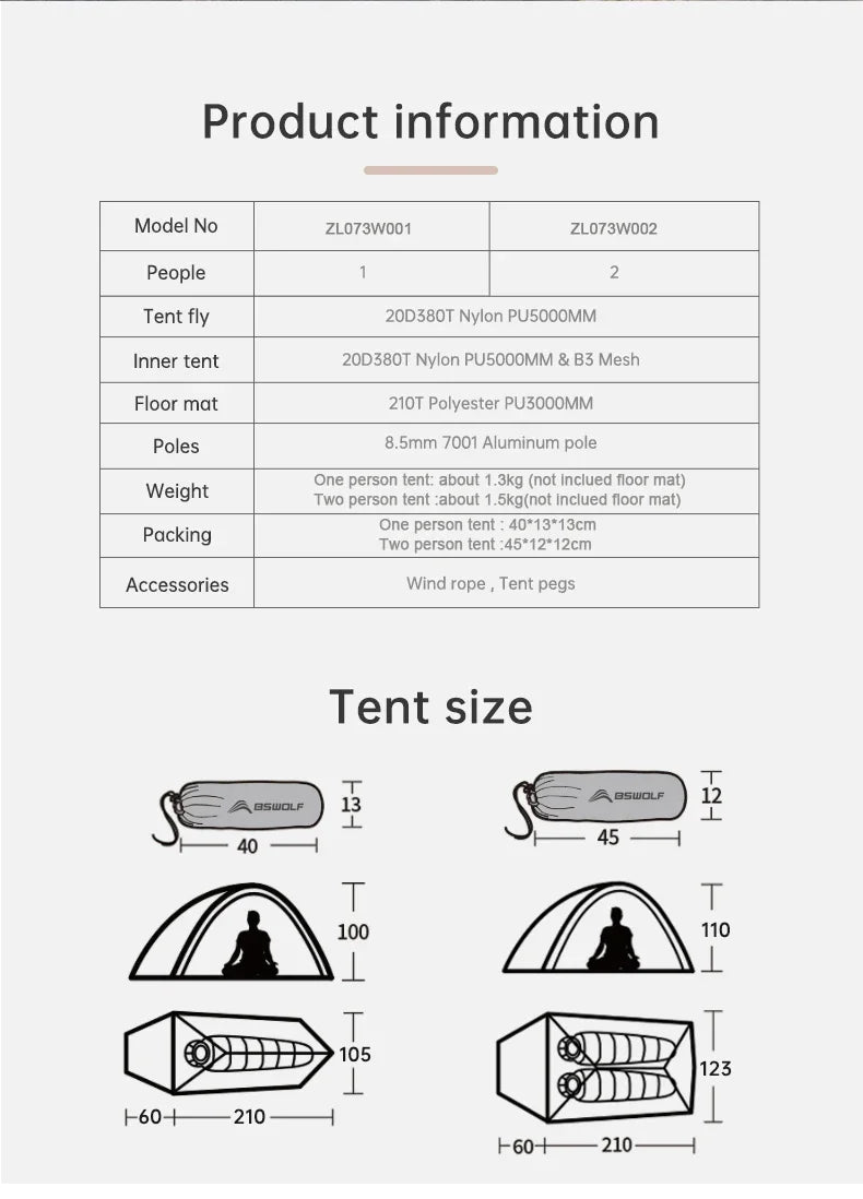 BSWolf Ultralight Camping  Backpack Tent 20D Nylon Waterproof Outdoor Hiking Travel Tent Cycling Tent 1-2 person