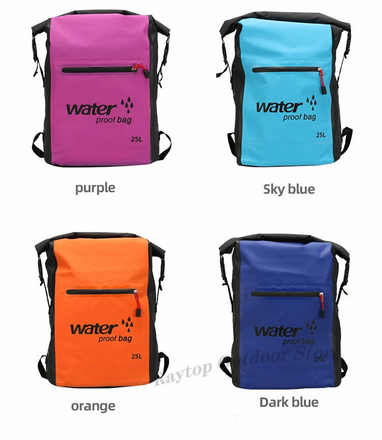 25L Foldable Hiking Bag Durable PVC Waterproof Rolltop Rucksack Backpack Abrasion-Resistant Shoulder Pack for Outdoor Adventures