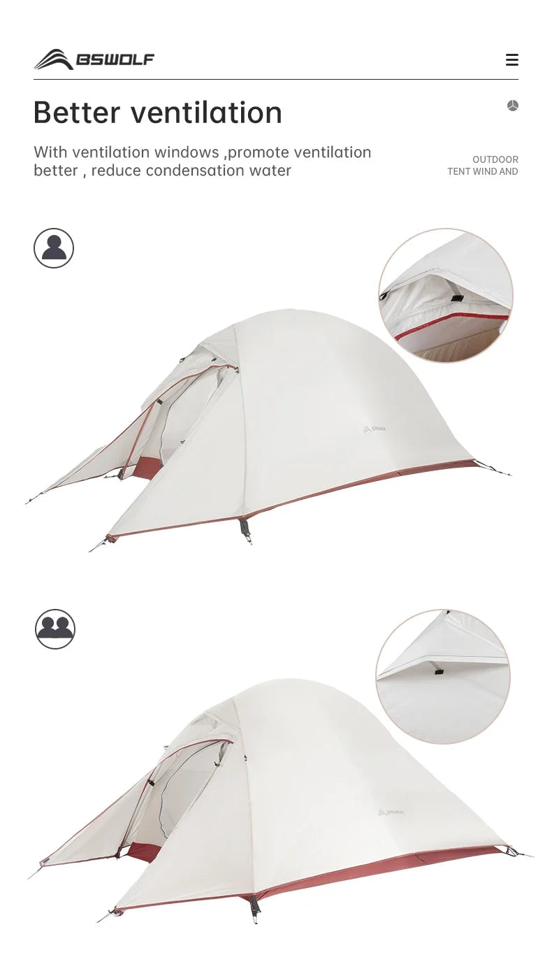 BSWolf Ultralight Camping  Backpack Tent 20D Nylon Waterproof Outdoor Hiking Travel Tent Cycling Tent 1-2 person
