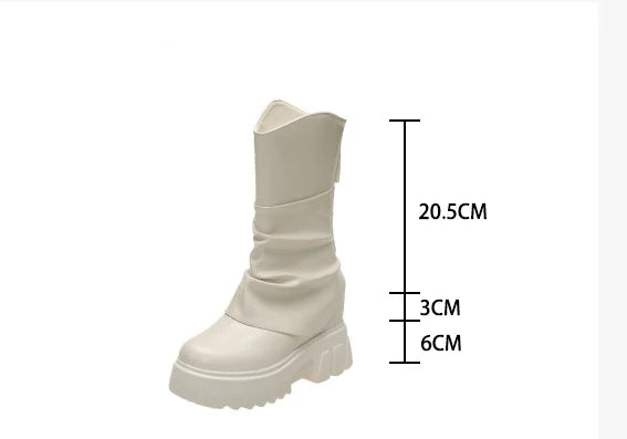 9CM Women Mid Calf Boots Autumn Winte Soft Leather Motorcycle Boots High Platform Square Heels Ladies Chunky Shoes Botas Mujer
