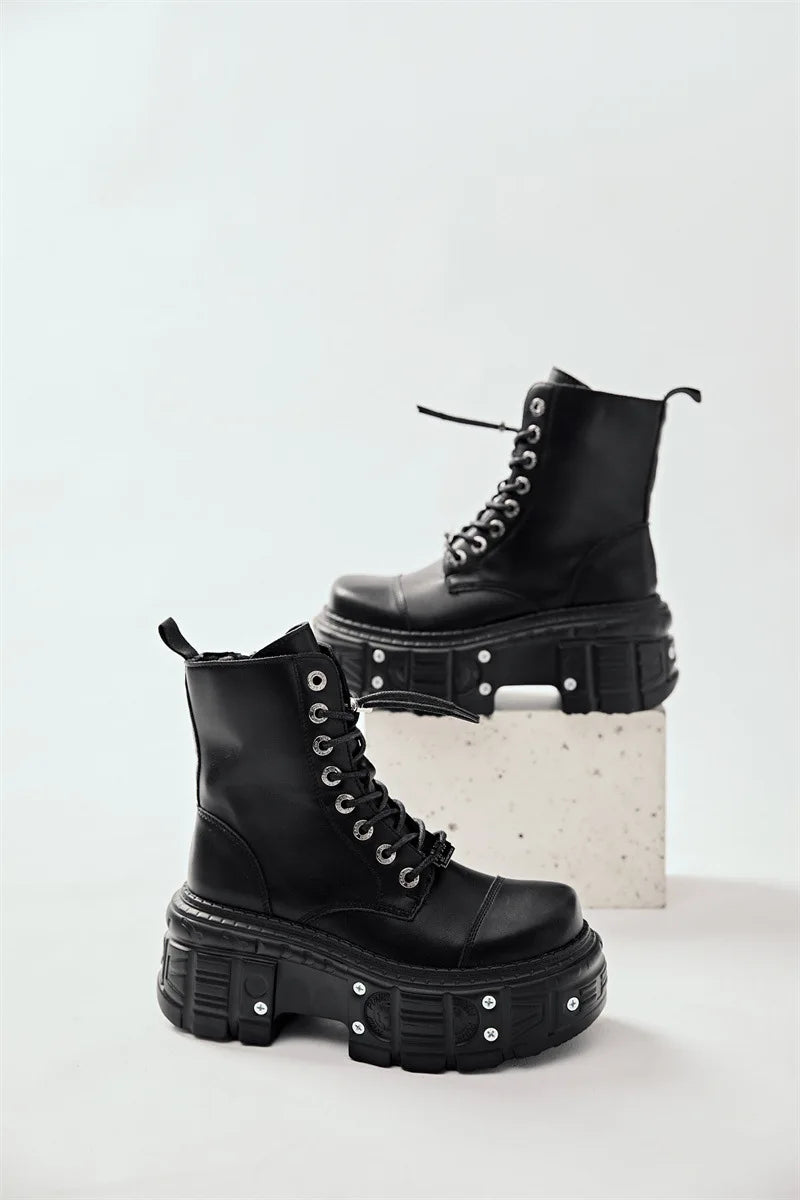 Women Omet Dark Motorcycle Heavy Metal Platform Cross-border Boots 2024 Spring New Female Punk Small Leather Men Shoes