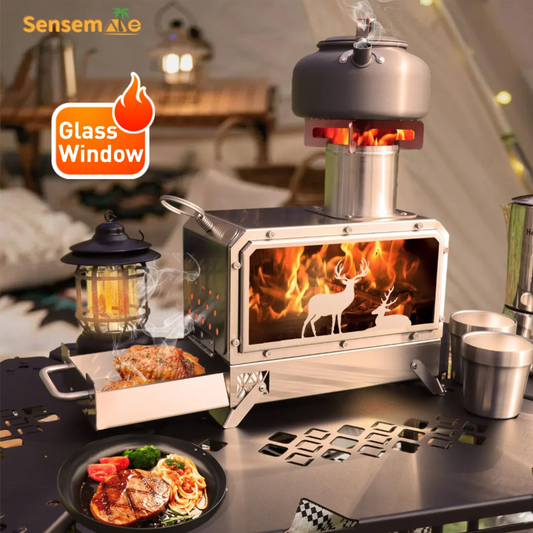 Portable Stainless Steel Wood Stove Camping Oven with Glass Window Folding Rocket Stove Mini Drawer for BBQ Grill Garden Hiking