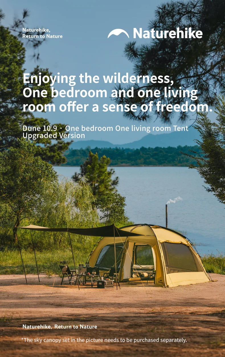 Naturehike Outdoor 4-6 Person Camping Dune 10.9 Tent One Bedroom One Living Room Hiking Tent 75D Nylon Camping Tents Canopy
