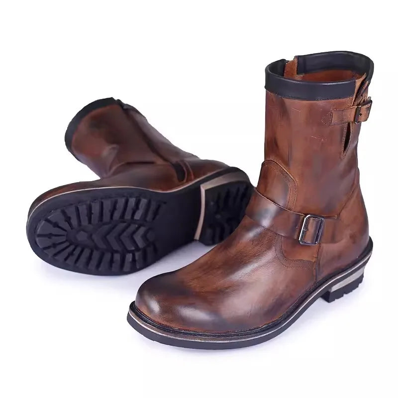 Vintage Mens Cowhide Genuine Leather High Top Engineer Boots Buckle Round Toe Motorcycle Riding Boots Zipper Work Safety Shoes
