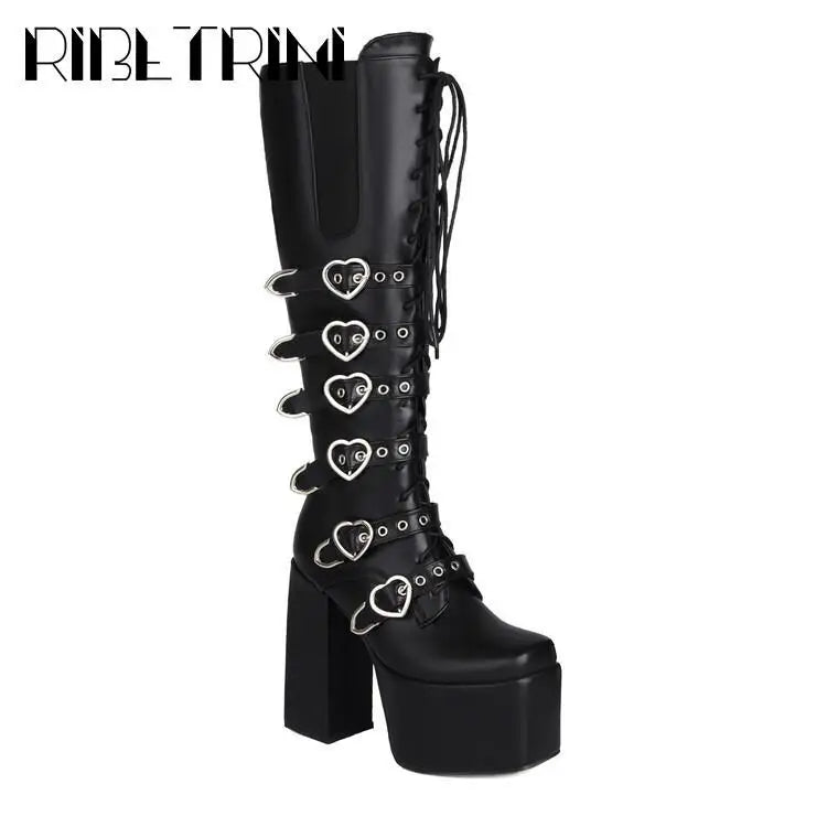 Cool Women Motorcycle Boots High Heeled Knee High Sassy Platform Shoes Lace Up Zip Luxury Designer Brand Winter Street Booties
