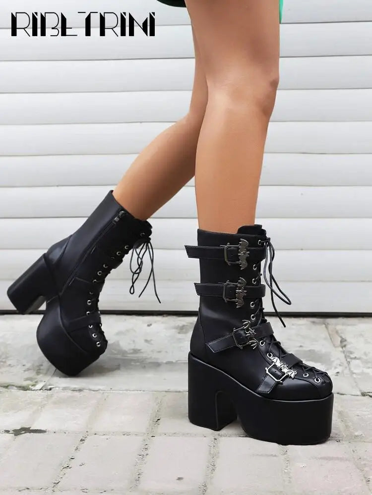 Punk Goth Women Motorcycle Boots Block High Heels Platform Shoes  Woman 2024 New Brand Luxury Fashion Design Cool Street Boots