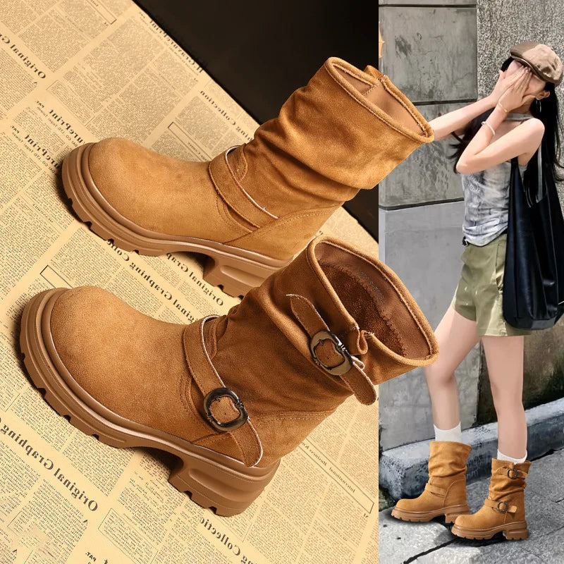 Fujin 9cm Leather Women’s Platform Ankle Boots Booties, Chunky Motorcycle Style Casual Streetwear Fall Winter Fashion Shoes