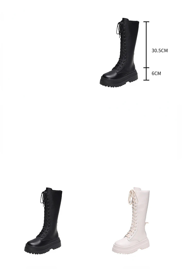 Women Knee High Boots Thick Sole Punk Style Women Motorcycle Boots Retro Square Heel Lace Up Women Boots Black White Botas Mujer