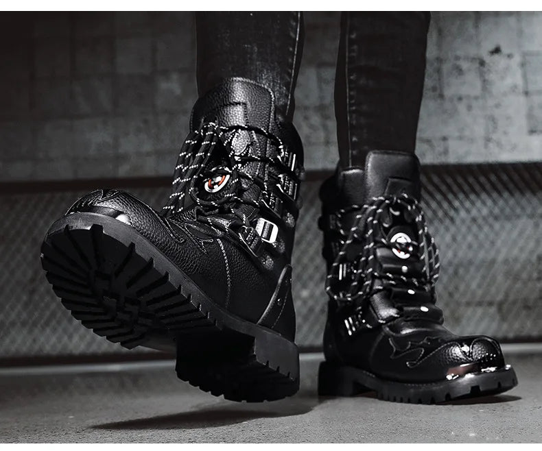 Men Motorcycle Boots Fashion Mid-Calf Punk Rock Punk PU Leather Black High Top Mens Casual Boot Steel Toe Shoes Big Size 38-46
