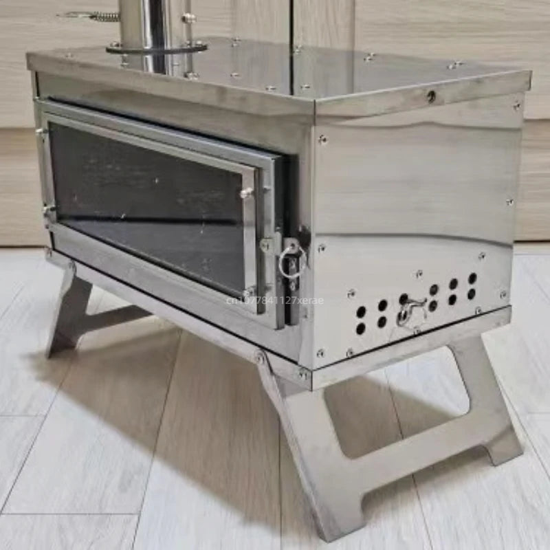Outdoor tent camping, heat-resistant glass observation stove, portable foldable stainless steel winter heating wood stove