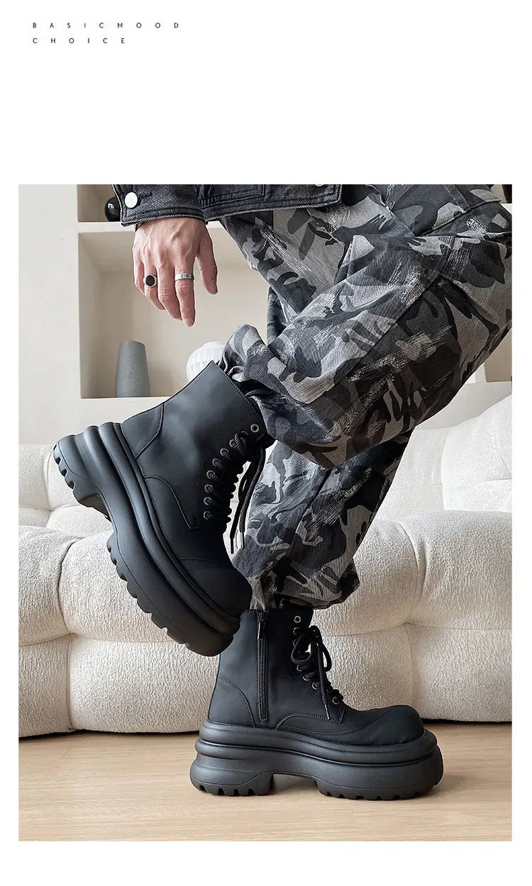 Black boots for men thick sole 7CM height increase high top motorcycle boots trendy and fashionable outdoor workwear shoes