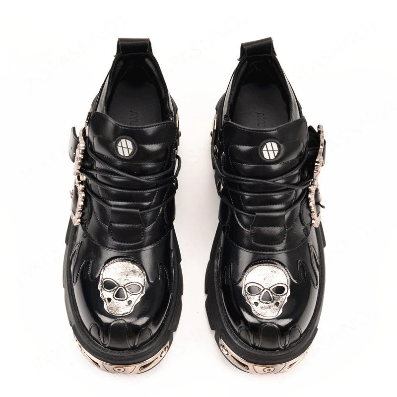 New Men's Gothic Skull Boots Black Women Shoes Designer Punk Metal Platform Walking Sneakers Skeleton Metal Buckles Ankle Boots