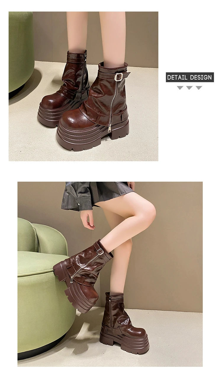 Women's Autumn Winter Leather Ankle Boots 10CM Heels Chunky Platform Combat Boots New Non Slip Motorcycle Shoes Woman Punk Boots