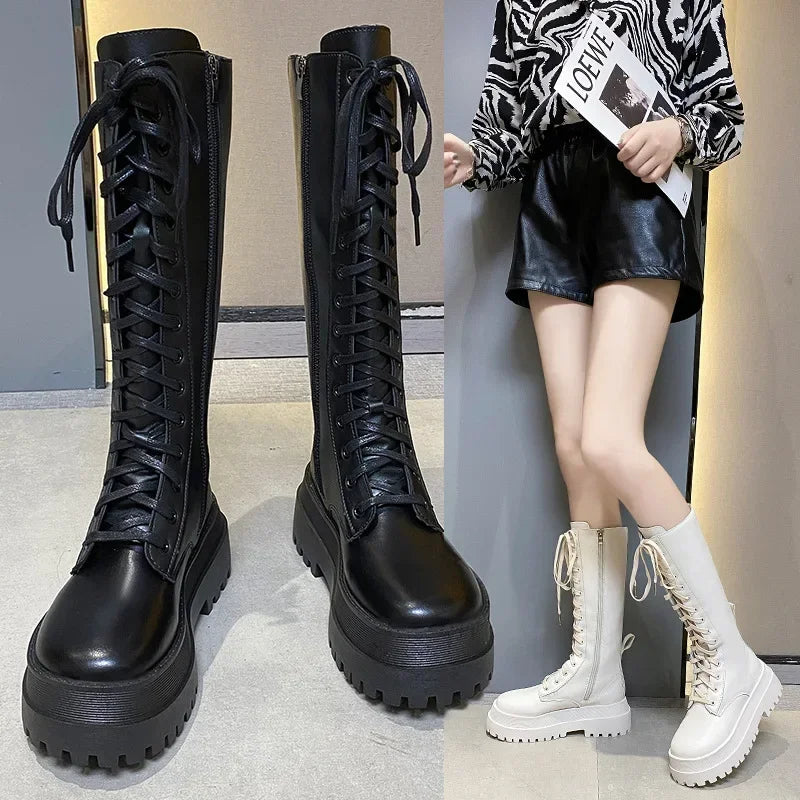 Women Knee High Boots Thick Sole Punk Style Women Motorcycle Boots Retro Square Heel Lace Up Women Boots Black White Botas Mujer