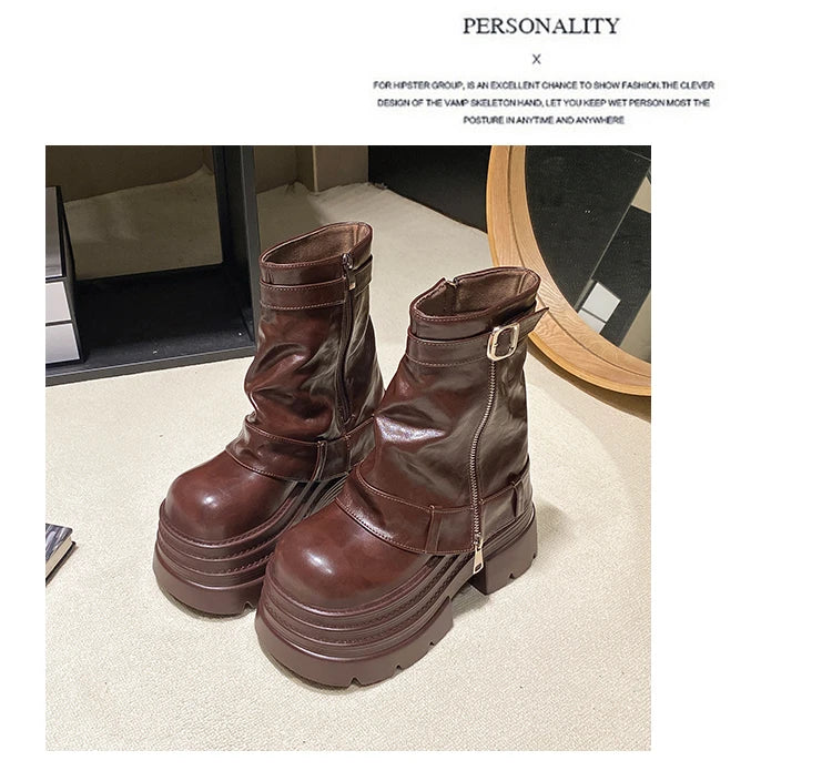 Women's Autumn Winter Leather Ankle Boots 10CM Heels Chunky Platform Combat Boots New Non Slip Motorcycle Shoes Woman Punk Boots