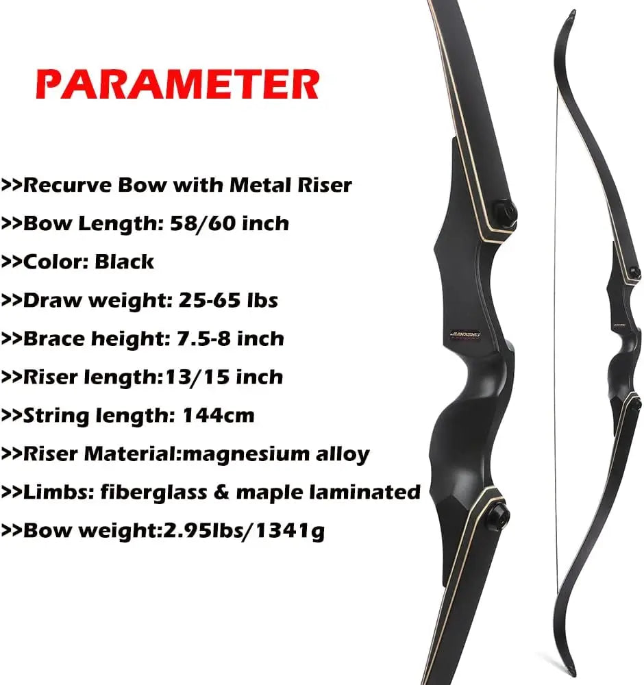 58/60 Inch Archery Takedown Recurve Bow for Adults/Youth 25-65Lbs American Hunting Bow Magnesium Alloy Metal Riser Right Handed