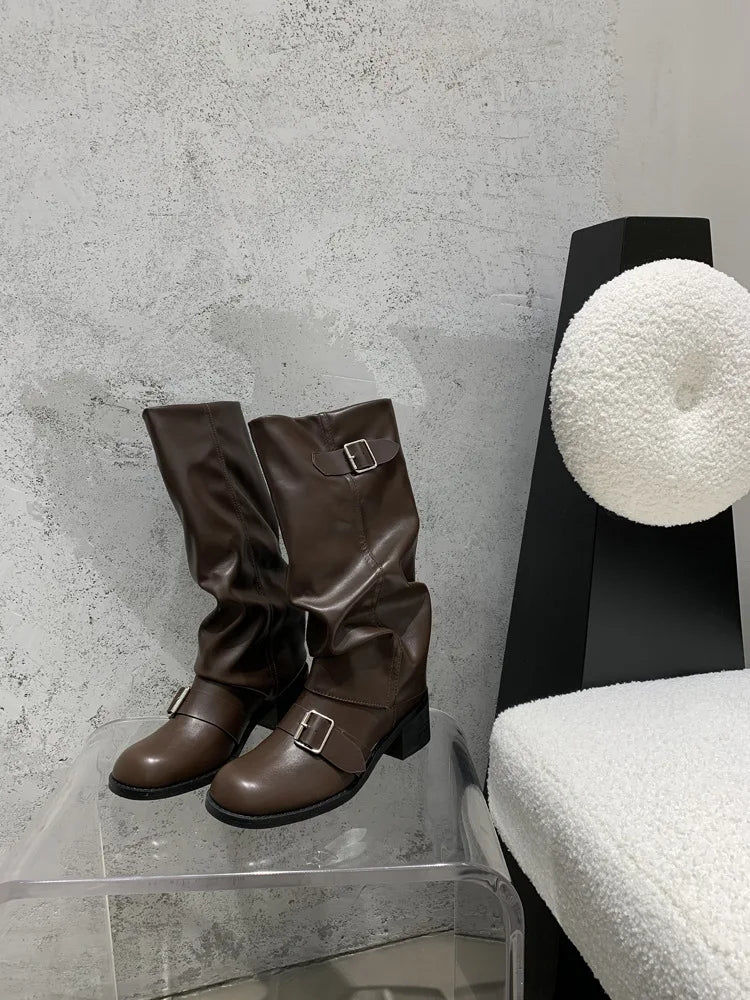 Woman Boots Knee High Platform Heels Trend Punk Gothic New Rock Leather Fashion Women Shoes Motorcycle Footwear Zapatos De Mujer