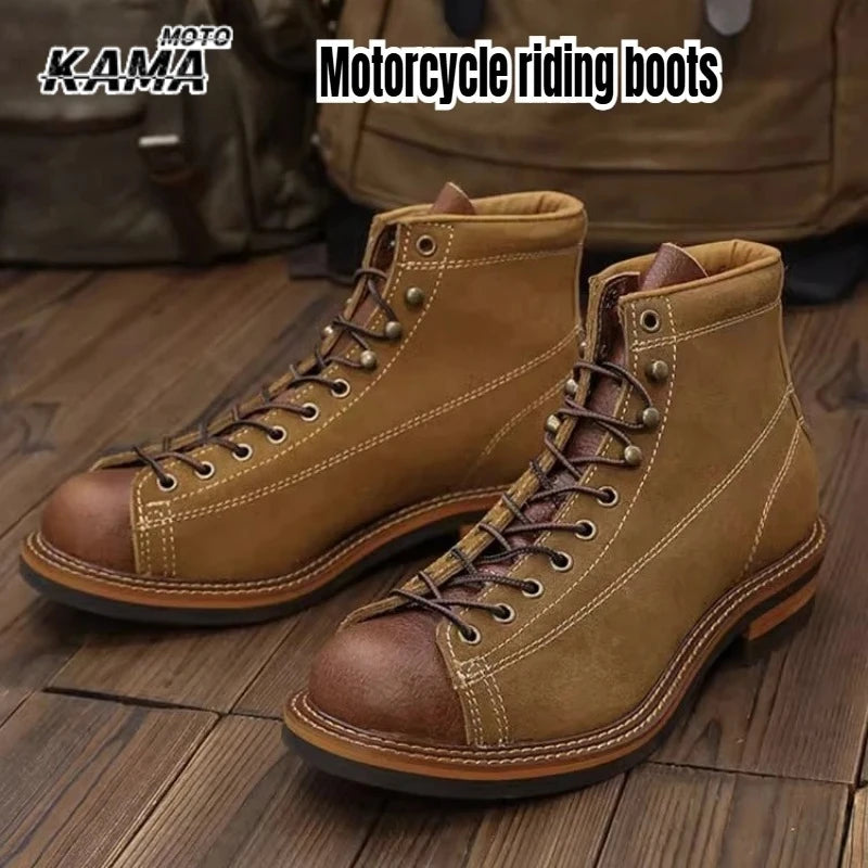 KOWM cowhide Hiking shoes men's trekking boot British ankle casual sneakers trekking shoes thick soled high top motorcycle boots