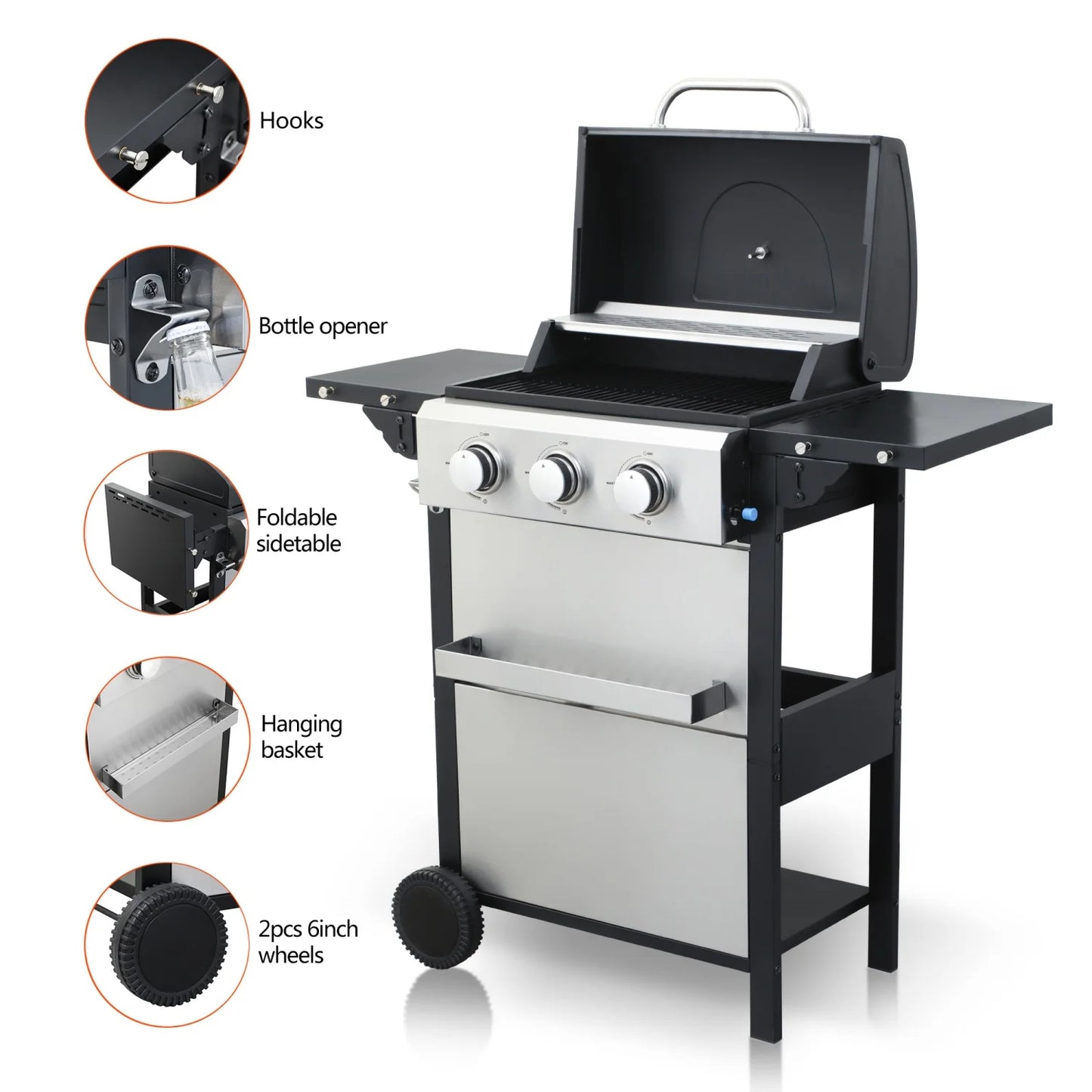 3-Burner Propane Gas BBQ Grill, 25650BTU Output With Wire Enamel Cooking Grids For Outdoor Barbecue, Foldable Side Table, Stainl