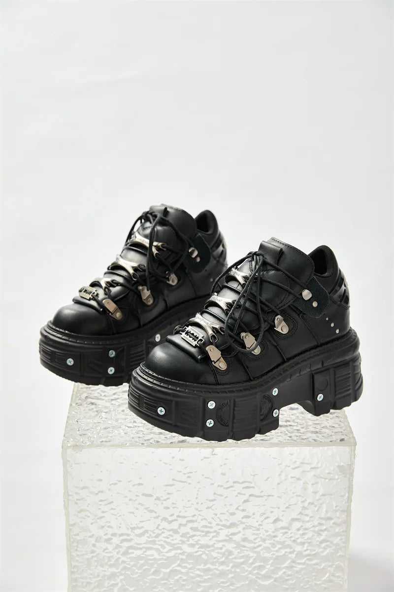 2025 New Punk Style Women Black Rock Metal Decor Lace-up Heel Height Platform Shoes Gothic Man Sneakers Women Ankle Boots