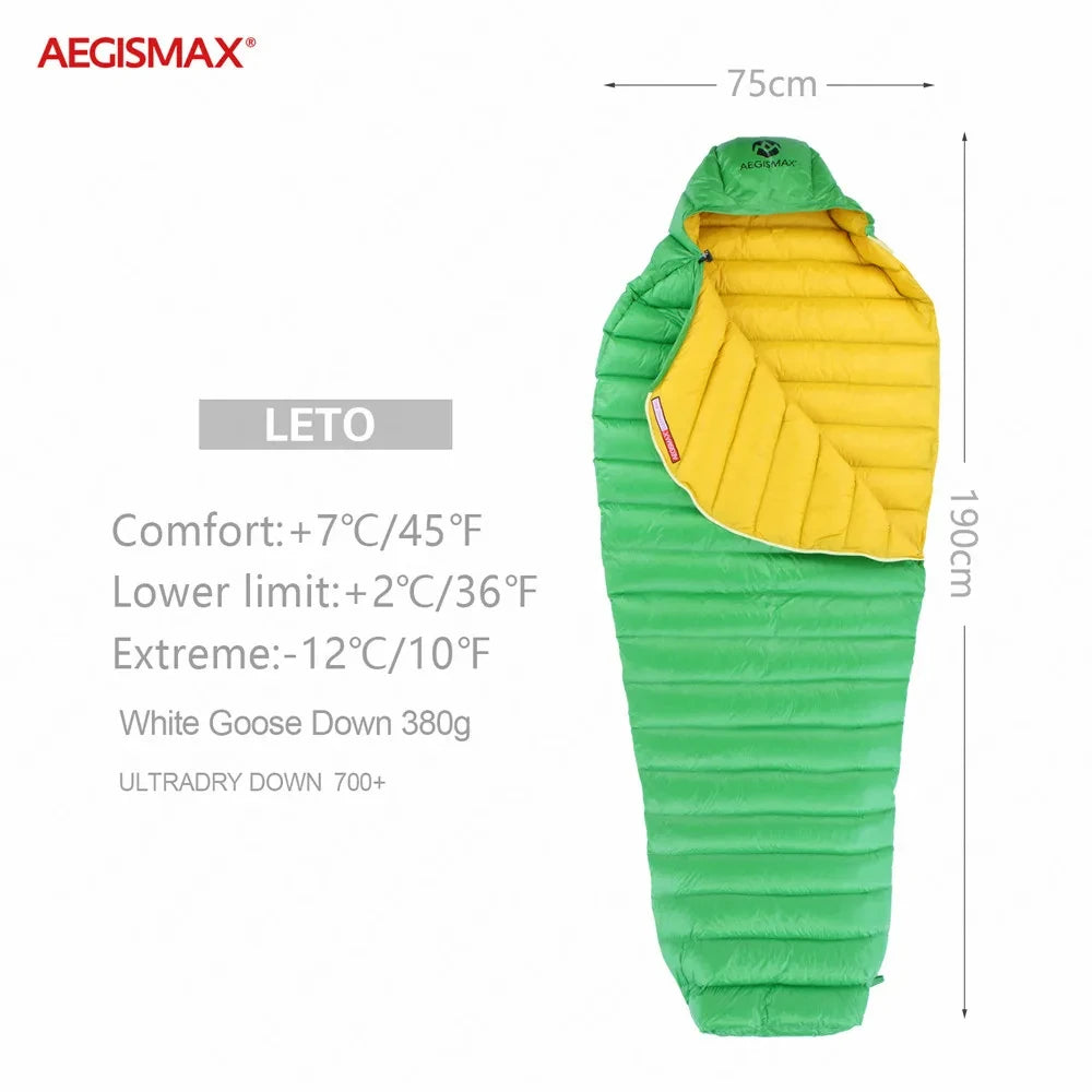 AEGISMAX LETO Outdoors White Goose Down Sleeping Bag Waterproof Camping Travel 36℉~45℉ Small Packing Down Sleeping Bag FP700+