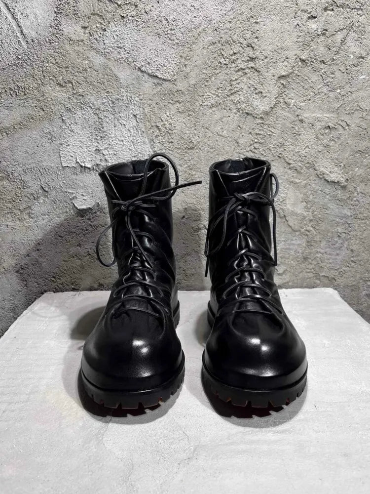 Gothic Designer Men High Top Sheepskin Genuine Leather Ankle Boots Lace Up Thick Platform Runway Shoes Vintage Work Safety Boots