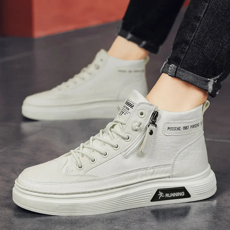 Leather Boots for Men Zipper Man Sneakers Fashion Ankle Boots High Top Man Boots Solid Sports Shoes 2024 Trend Motorcycle Boot