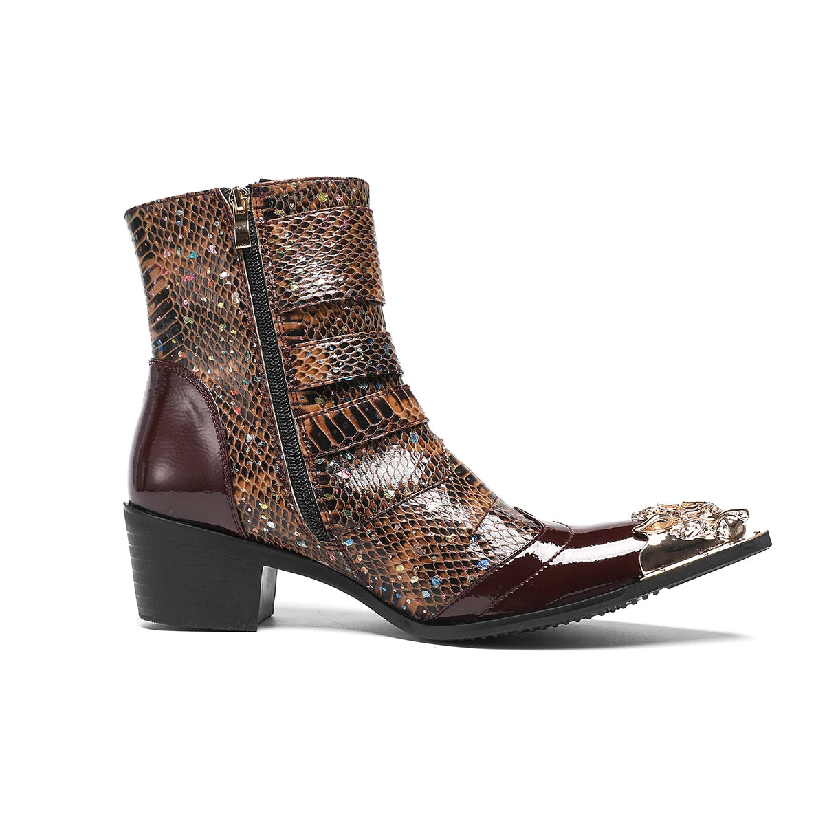 Botas British Metal Pointed Toe Short Boots Male Buckle Cowboy Boots Plus Size Shoes Men Genuine Leather Motorcycle Ankle Boots