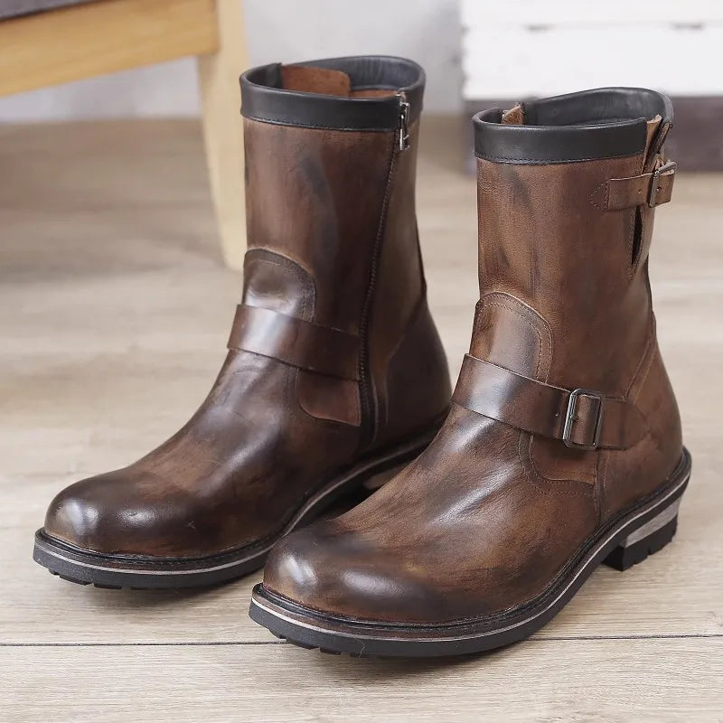 Vintage Mens Cowhide Genuine Leather High Top Engineer Boots Buckle Round Toe Motorcycle Riding Boots Zipper Work Safety Shoes