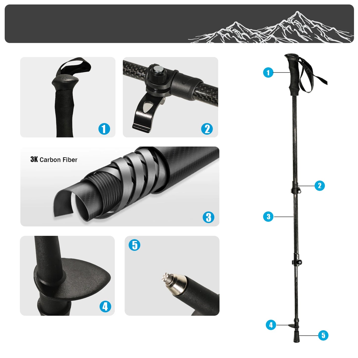 Ultra Light 185G Trekking Pole Carbon Folding Hiking Stick Collapsible Hiking Poles Trekking Stick Walking Poles Walk