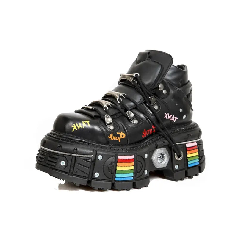 Fashion Men's Genuine Leather Punk New Motorcycle Boots Spanish Tank Metal High-Top Platform Women Handmade Ankle Shoes